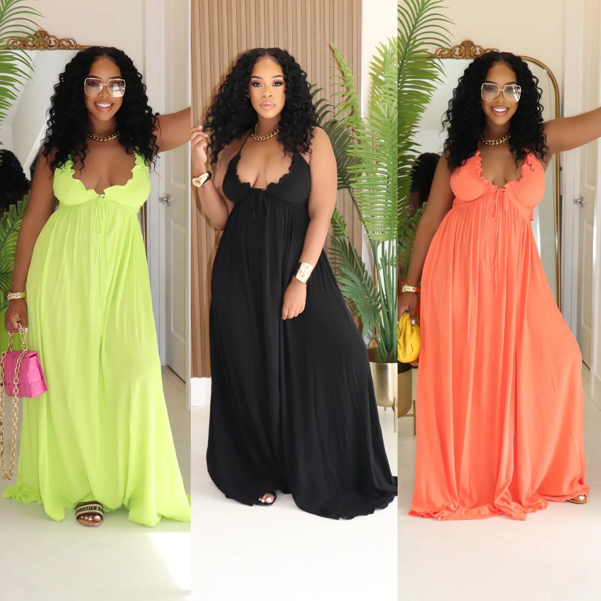 ชุดเดรสยาวแม็กซี่คอวีลึก แขนกุด ผูกโบว์ด้านหลัง สำหรับผู้หญิง ปี 2025 เหมาะสำหรับวันหยุดพักผ่อนชายหาด ปาร์ตี้สุดเซ็กซี่