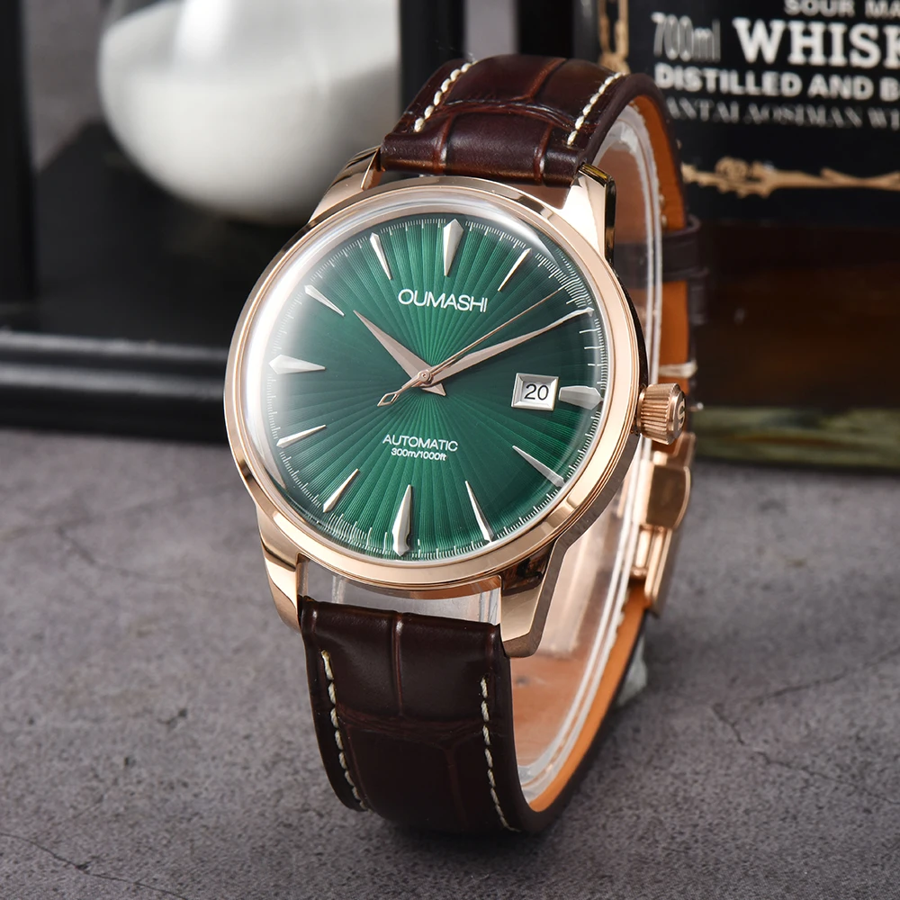 Orologio automatico da cocktail NH35 personalizzato Orologio da polso impermeabile con doppia cupola Tandorio Orologio da immersione con data Orologio da uomo con cinturino in pelle