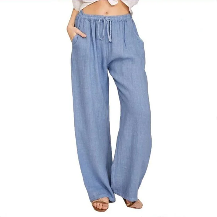 Cotton Linen High Waist Wide Leg Pants Women's Summer Cargo Trousers Casual Loose Fit Linen Pants for Women