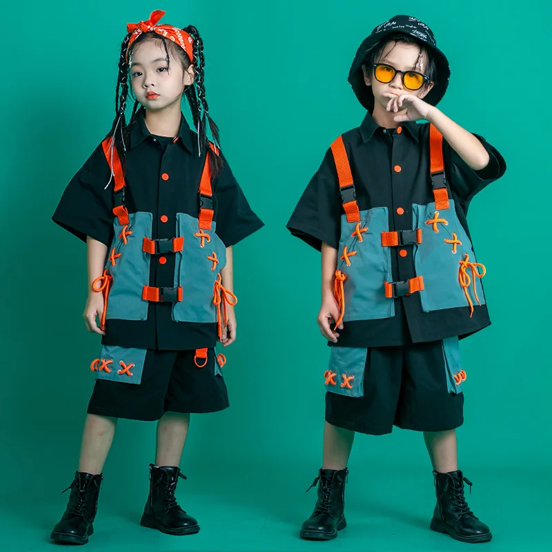 Kid Hip Hop Clothing Lace Up Shirt Short Sleeve Top Summer Streetwear Cargo Shorts Jogger Pants for Girl Boy Jazz Dance Costume