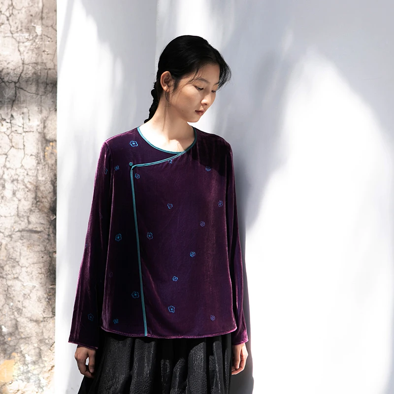 

Новая коллекция Le: Роскошный фиолетовый шелковый бархатный топ с вышивкой, длинный рукав, в китайском стиле, женская футболка для повседневной носки