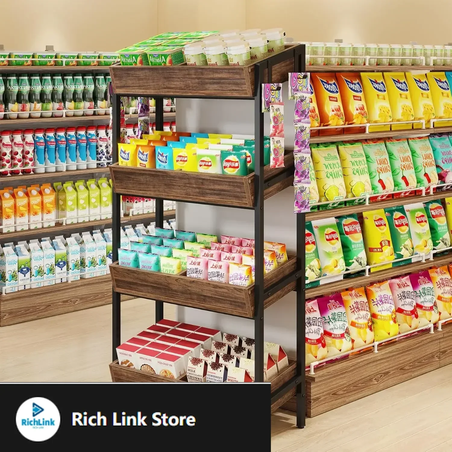 

4-уровневая стойка для розничной торговли, деревянная подставка для конфет для закусок, полка для демонстрации картофельных чипсов, органайзер для стеллажей для хранения, металлический каркас