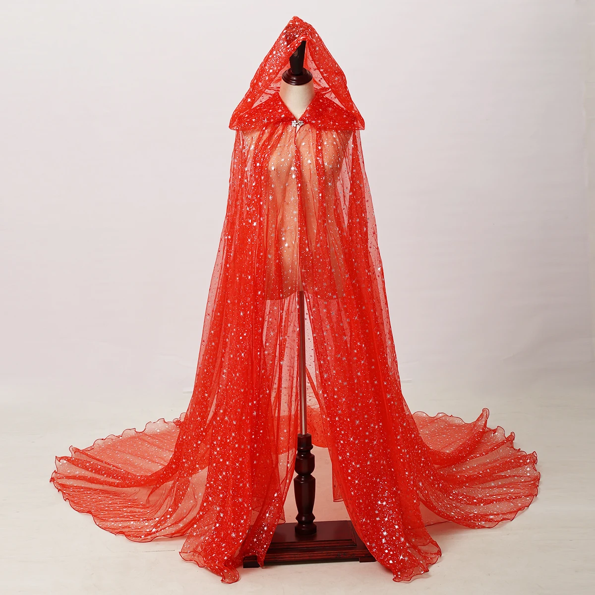Halloween-Kapuzenumhang mit langem Schleier, einfarbig, glänzend, Sternenhimmel-Motiv, für Damen, geeignet für Hochzeiten, Gartenpartys, Bühnenauftritte, Kostüm, Tüllumhang – Detail 5
