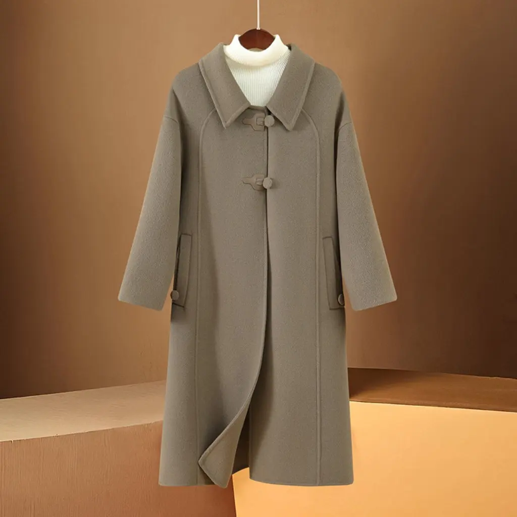 

Элегантное двустороннее шерстяное пальто для женщин, свободный крой, дизайн с лацканами средней длины на осень и зиму