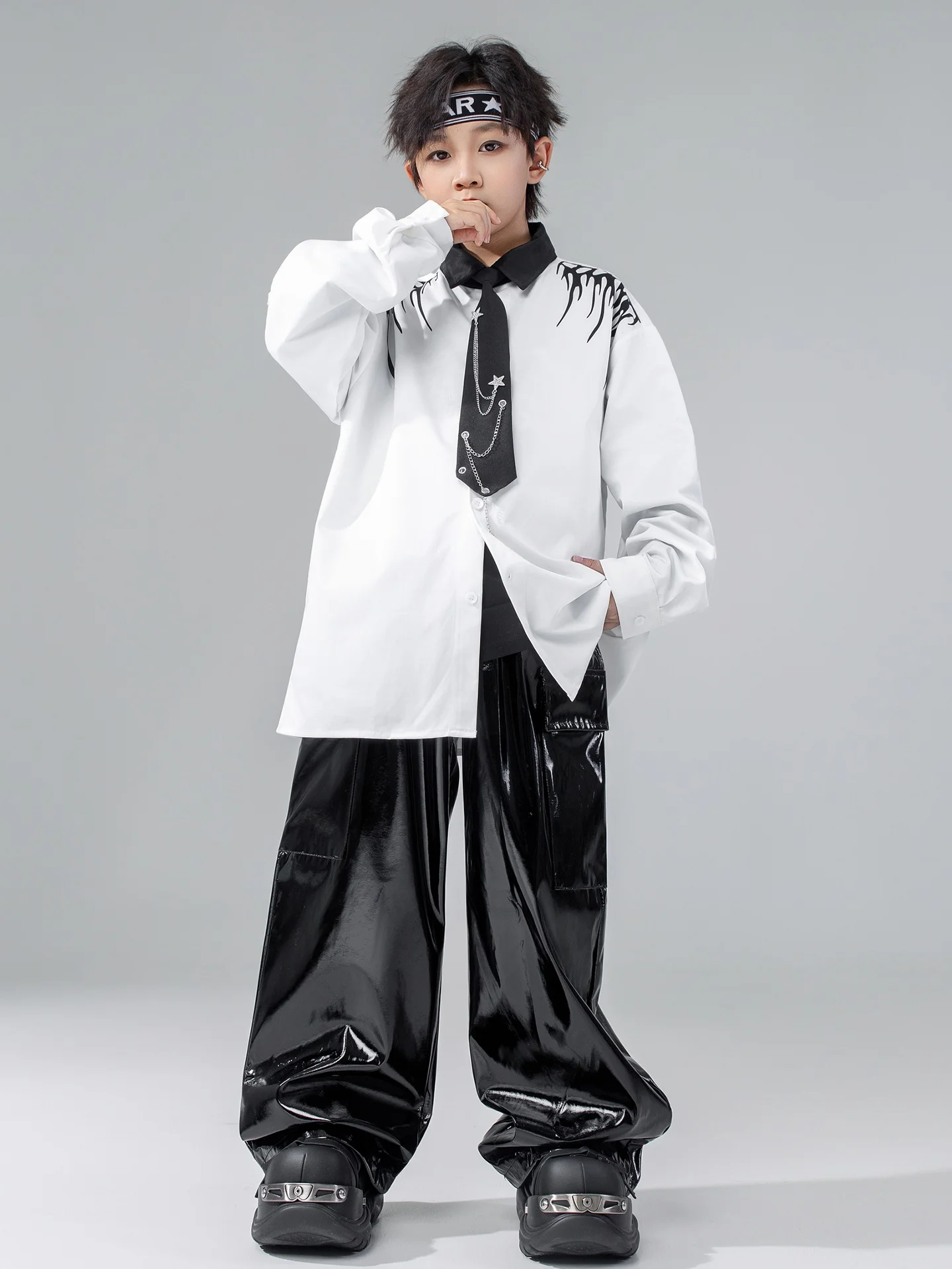 الأولاد الهيب هوب الملابس الشارع الرقص موضة قميص أبيض أسود بنطال جلدي طويل الأكمام الفتيات الاطفال أداء الجاز البدلة BL17769