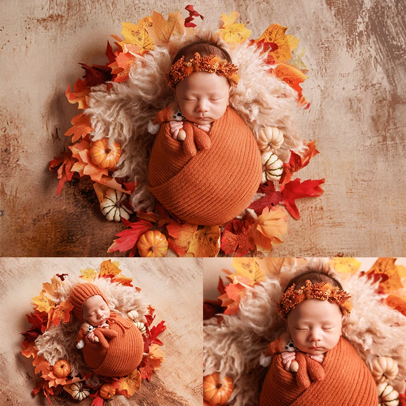 Autumn Theme Newborn Baby Photography Accessories Hand Knitted Wrap Hat Doll Set Studio Baby Photo Wool Mat Nano Background Prop