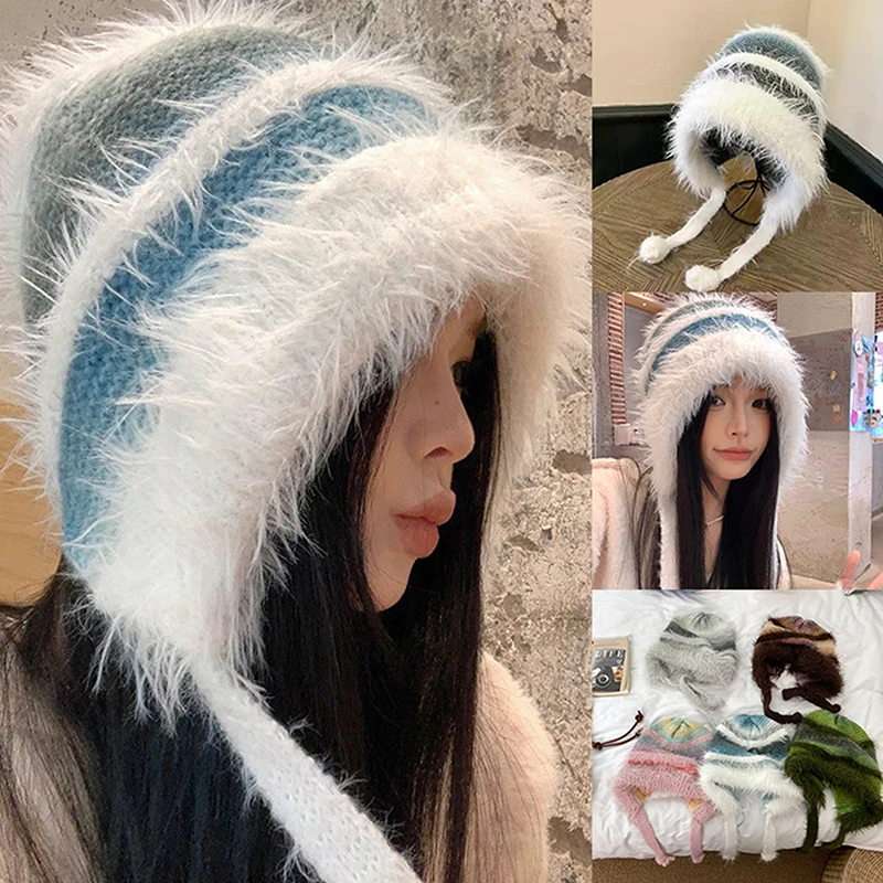 Ladies Winter Lace-up Section Ear Protection Hat Knitted Pullover Harajuku Gradient Colour Cap Fashion Outdoor Cute Warm Beanies