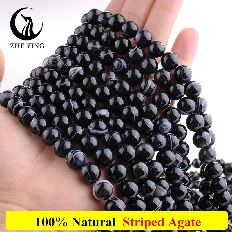 

Zhe Ying 10mm Black Striped Agate Beads Big Round Smooth Cheap Stone Beads for Jewelry Making Bracelet DIY Accessories
