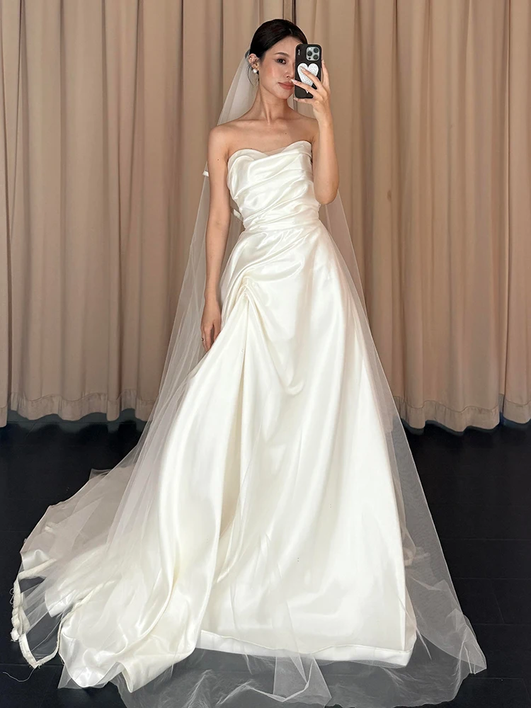 

Элегантное атласное свадебное платье с шлейфом для церемоний на открытом воздухе, белое, в пол, вечернее платье для женщин