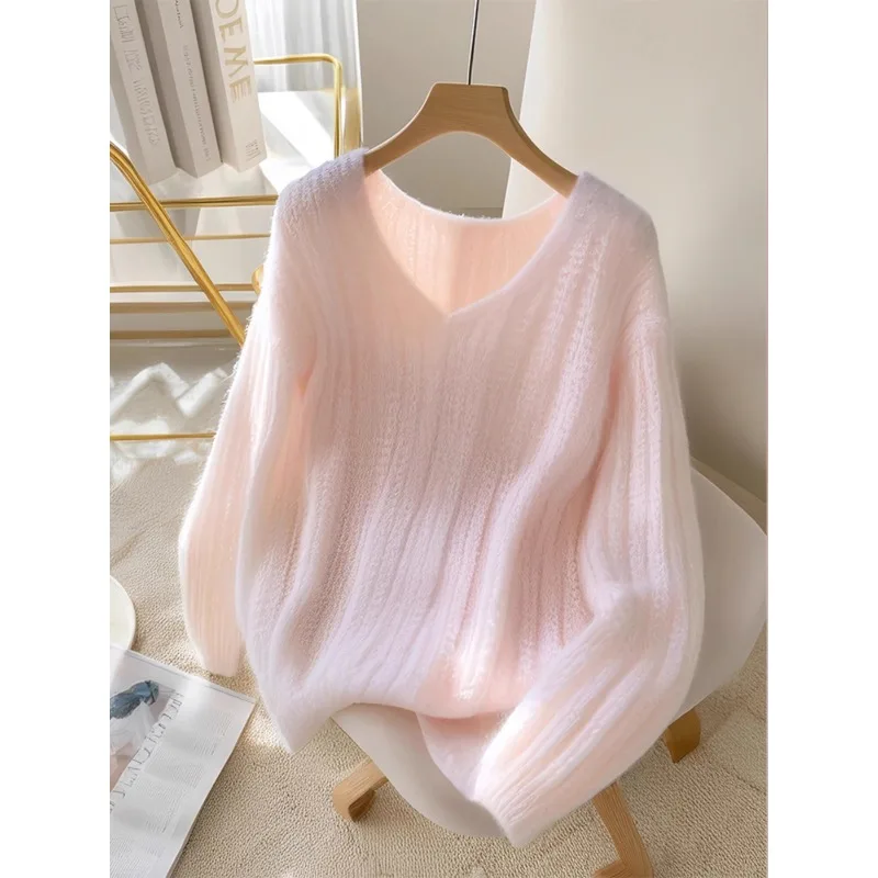 Pink V-neck Loose Soft Glutinous Knit Sweater Women's Autumn Winter 2024 New Dopamine Pullover Long Sleeve Sweater Thick Top