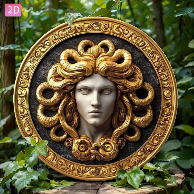2D Flat,Vintage Medusa Head Aluminum Wall Decor Gold&Black  Design - Perfect for Home Garden Bar Outdoor Room Decoration