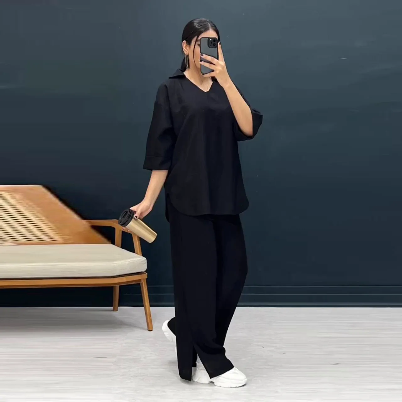 

New trousers loose large size temperament top split wide leg pants suit fashionable simple versatile temperament elegant holiday