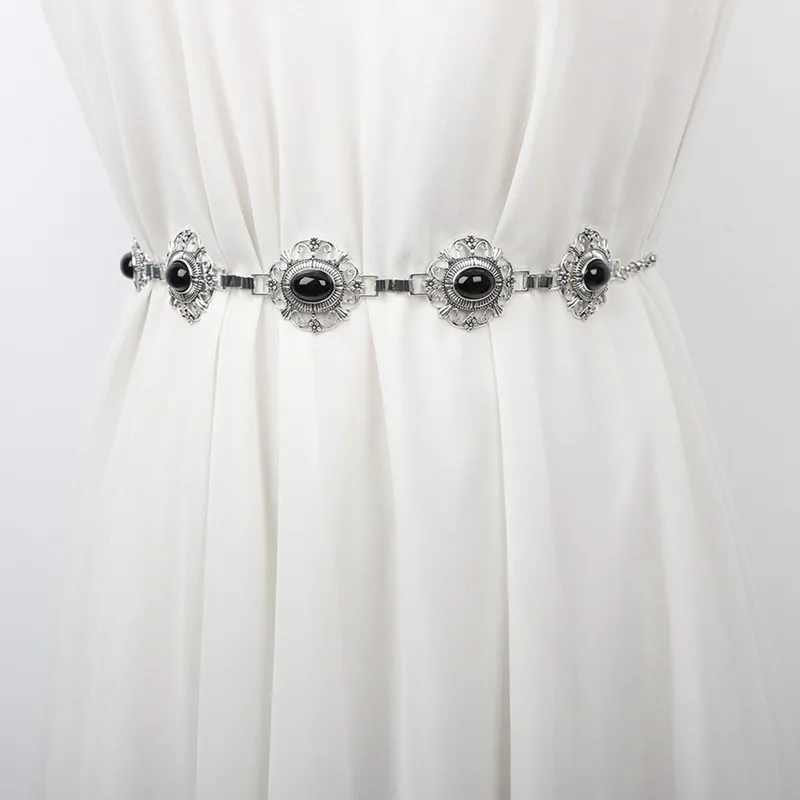 ريترو ستايل المرأة سلسلة الخصر المعدنية الملحقات الزخرفية دائرة منحوتة حزام على شكل سلسلة اكسسوارات عالية الطراز