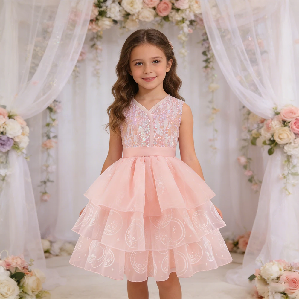 

Модное детское платье с пайетками для девочек, свадебное, с цветочным узором, розовое, многослойное, в стиле принцессы, для дня рождения, костюм Глинды, для косплея, праздничное платье