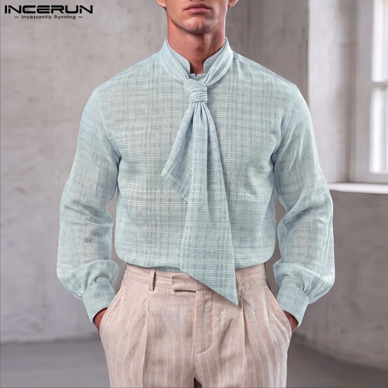 INCERUN Men's Shirt Plaid Long Sleeve Loose Tie Up Casual Men Clothes Streetwear See Through Shirts Fashion Tops For Man Camisas