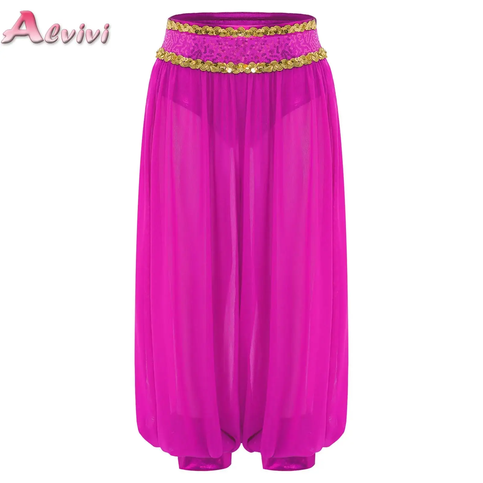 

Kids Girls Sheer Mesh Bloomers Belly Dance Performance Costume Shiny Sequins Waistband Pants Halloween Theme Party Trousers