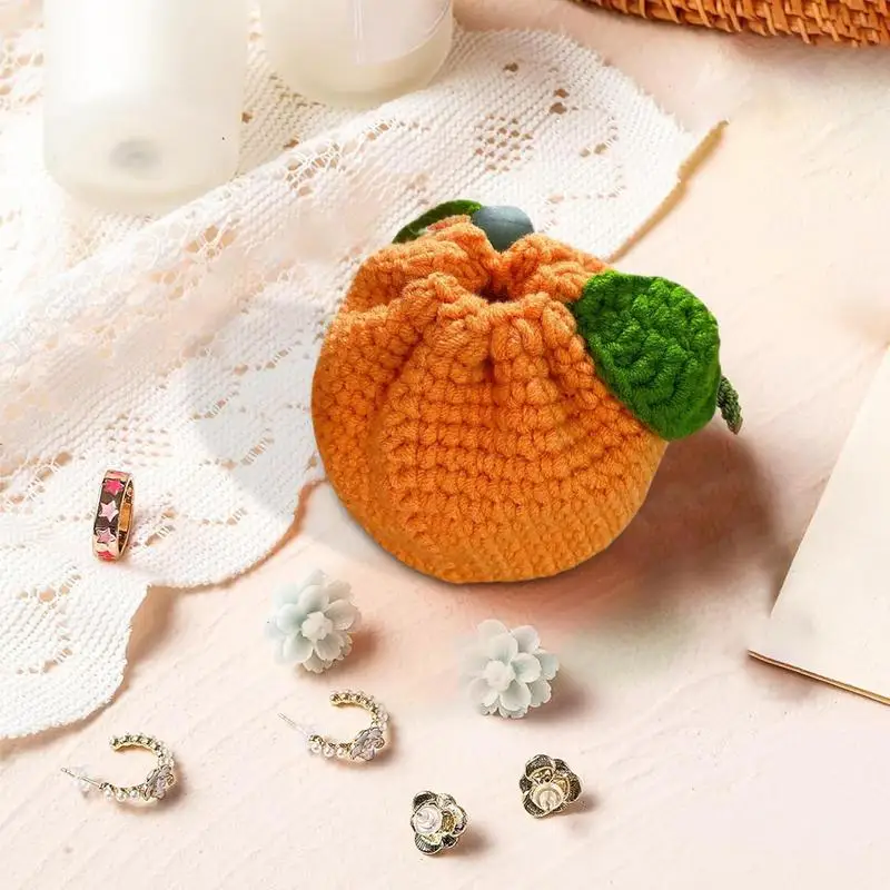 Cute Tangerine Bag Drawstring Crochet Fruit Packets Orange-Shaped Crochet Purse Cute Wallet Crochet Tangerine Bag Coin Chargers