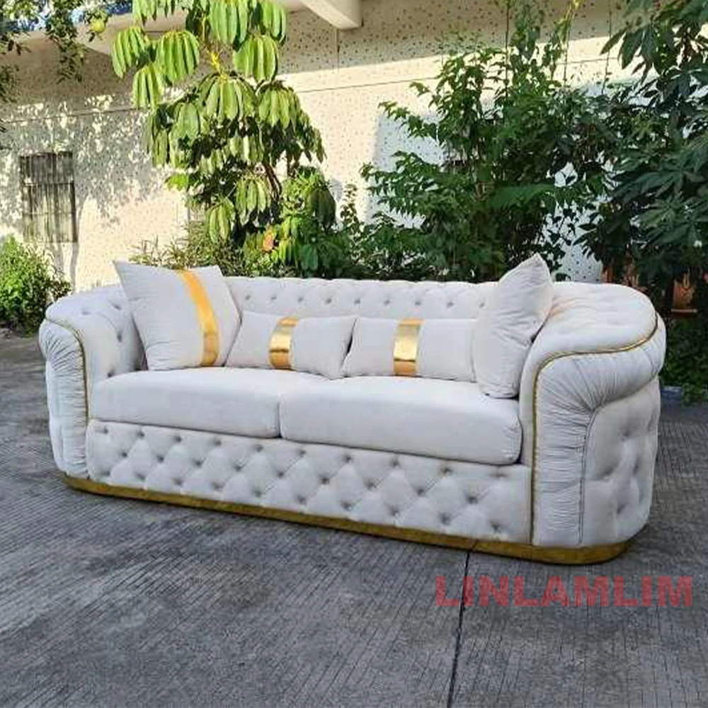 Luxury Chesterfield Sectional Sofa Set with Cloth Buttons and Fabric Modular Couch with Gold Stainless Steel Base, 3-seater Sofa