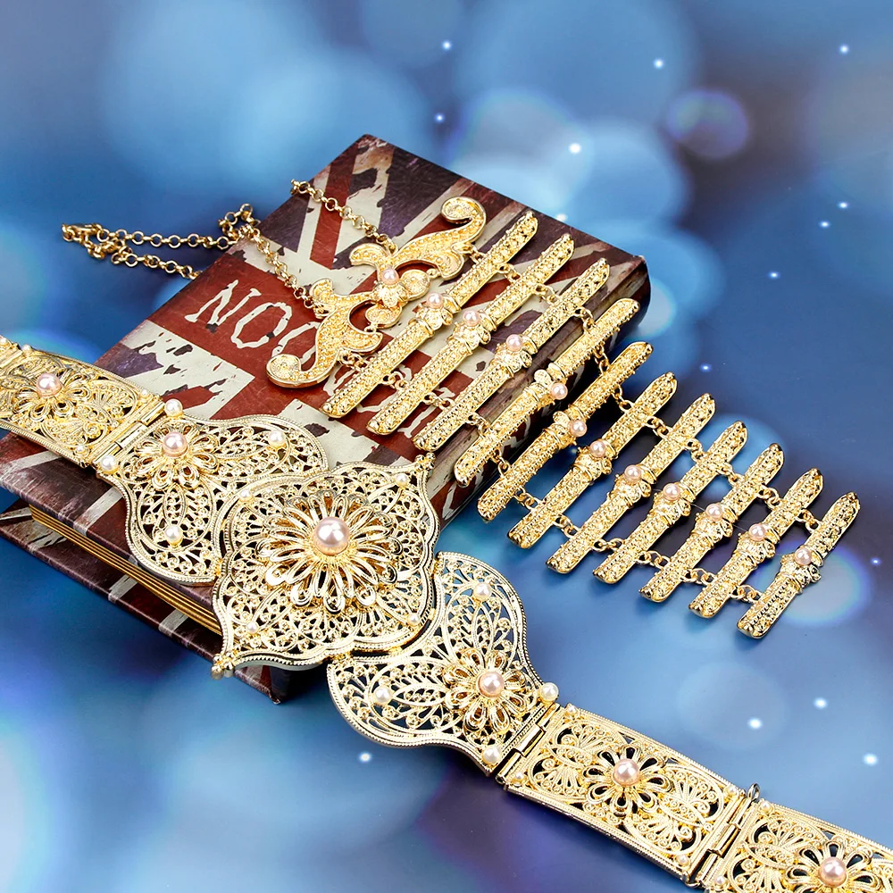 Sunspicems القوقاز حزام الصدر مجموعات ل فستان زفاف للنساء عباية مجوهرات ريترو الذهب اللون الأحمر الأخضر حجر الوردي اللؤلؤ جديد #6