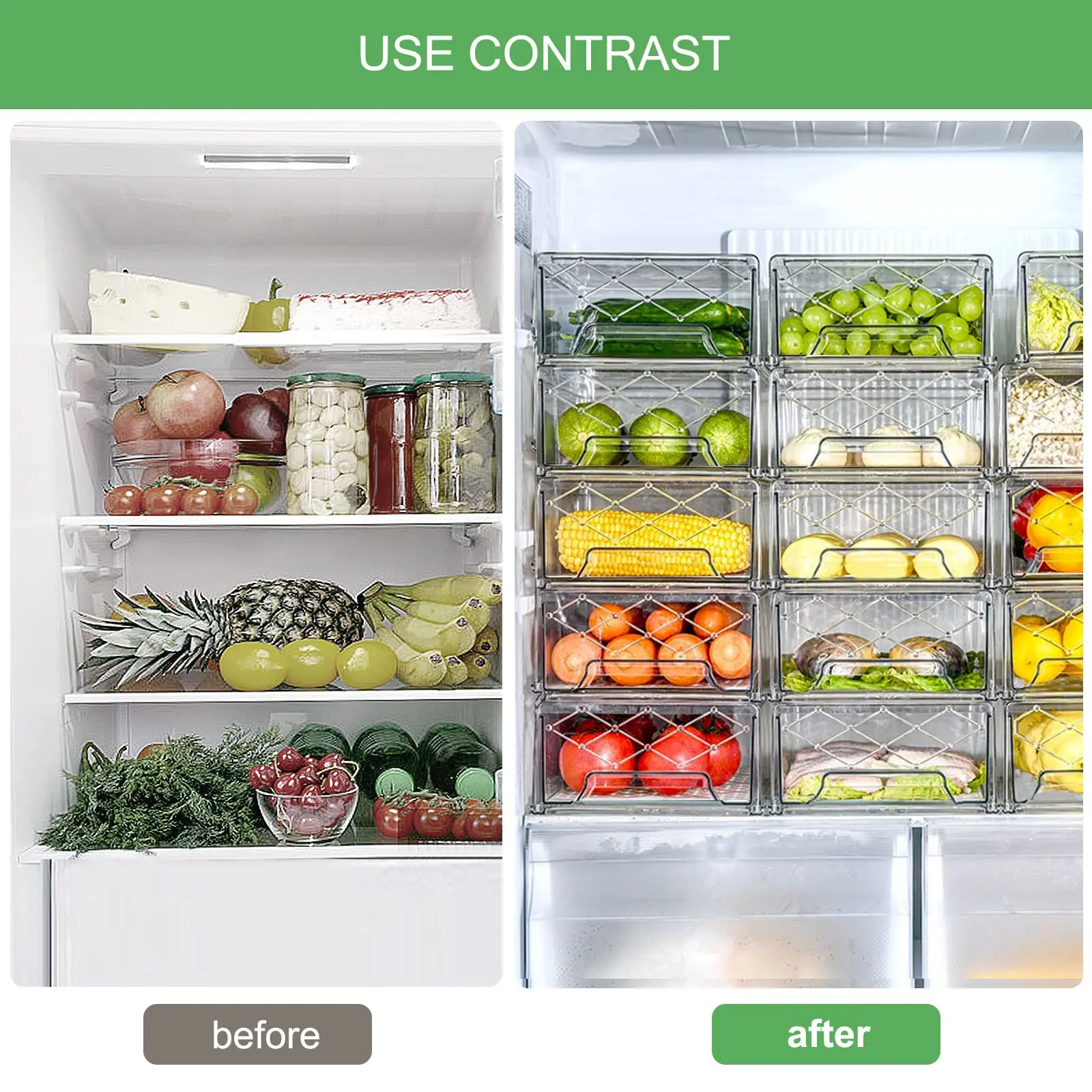 Refrigerator Organizer Bins with Pull-out Drawer, Stackable Fridge Drawer Containers, BPA-free Drawable Clear Storage Cases