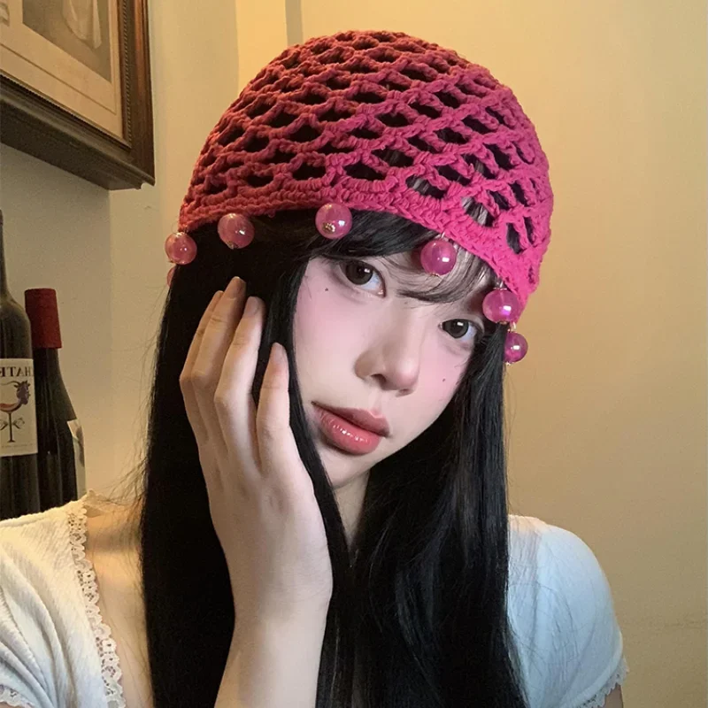 Ins Personalized Beaded Design Hand-woven Beanies Cap for Women Summer Autumn Travel Photo Versatile Retro Hollow Pullover Hat