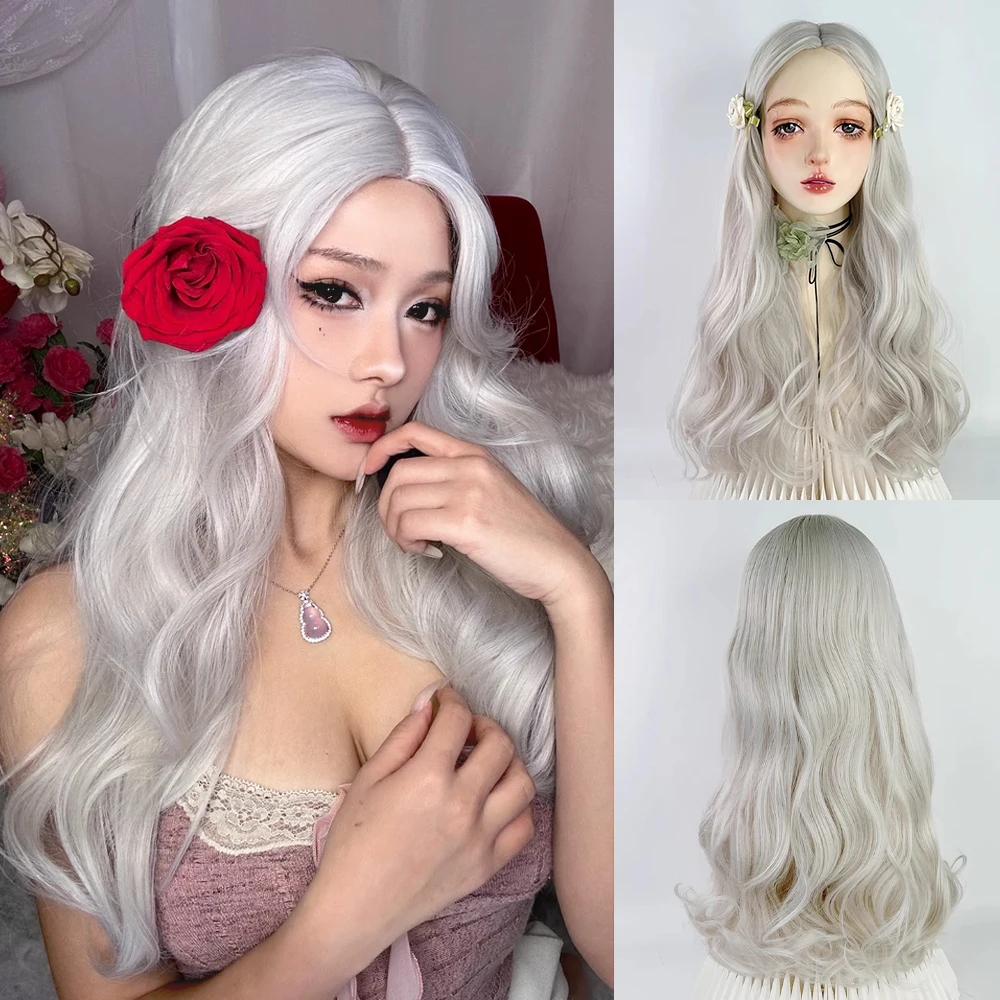 

Synthetic Long Wavy Grey White Women Wig Heat Resistant Fluffy Lolita Cosplay Wig Middle Part for Daily Party