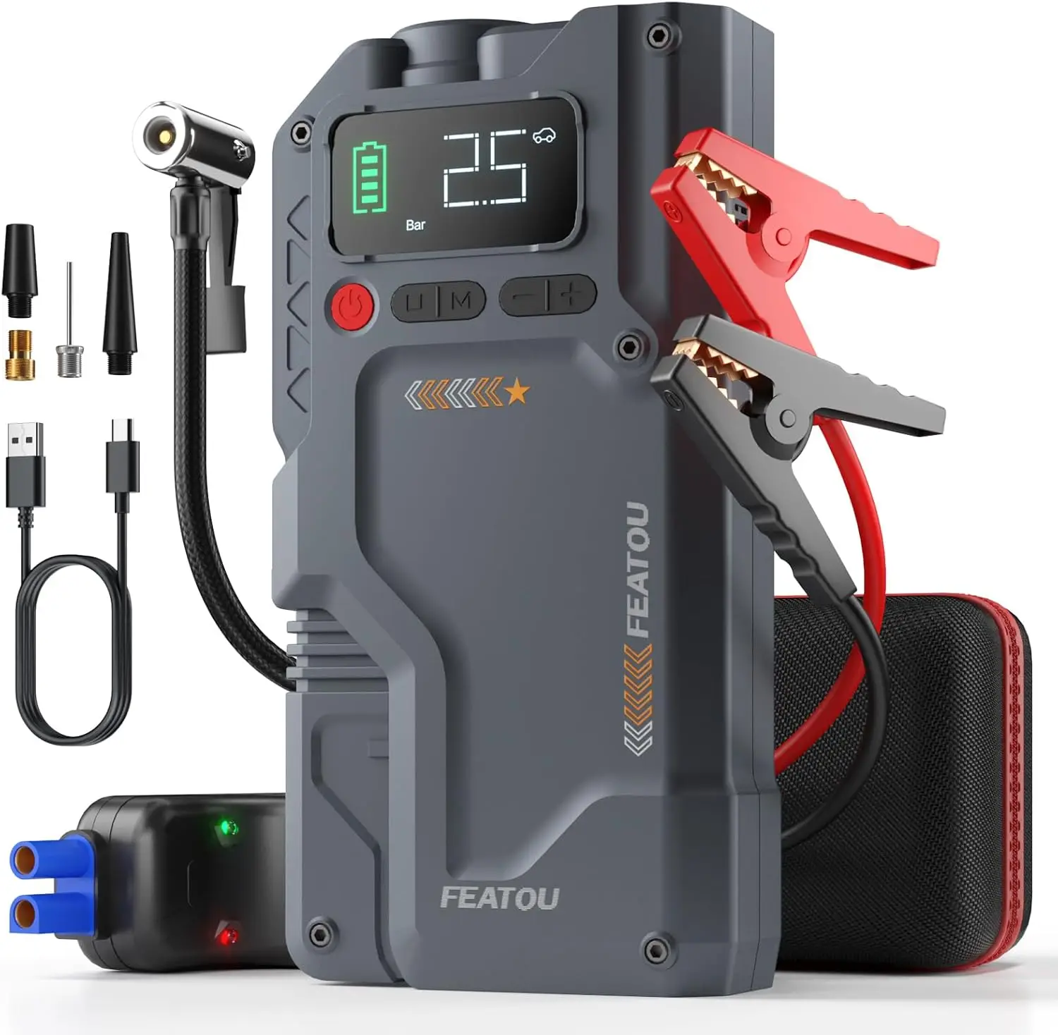 

5-in-1 Portable Jump Starter with Air Compressor, 4500A Peak Power for Gas/Diesel Vehicles, Digital Tire Inflator up to 150 PSI