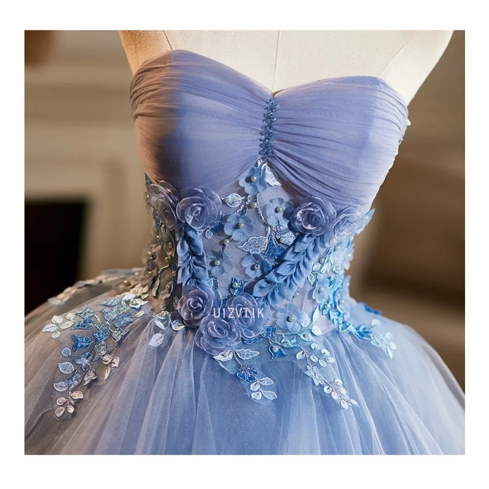 Robe de bal bleue sans bretelles, Sexy, élégante, ligne A, avec des appliques, robes de célébrité, robe de soirée pour femmes, sans manches, robe formelle personnalisée