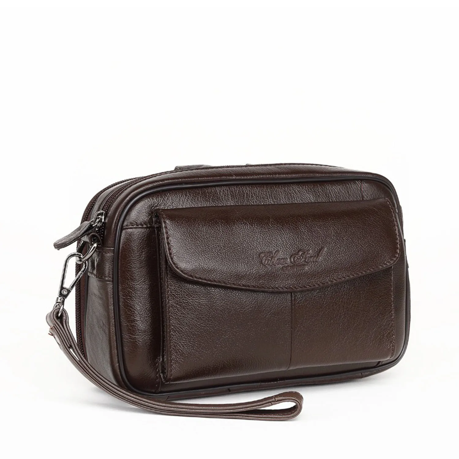 Men's Genuine Leather Clutch Bag Retro Brown Cowhide Wristlet Handbag Multifunctional Phone Wallet Purse for Daily Business
