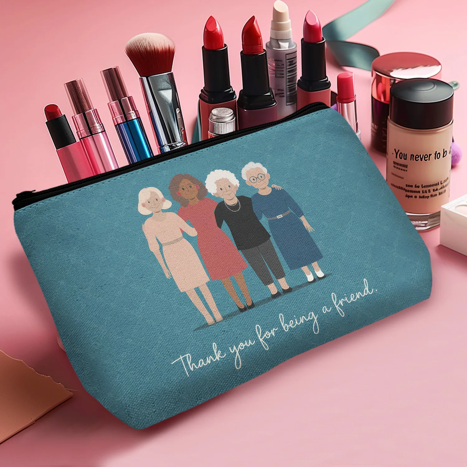 1Pc Thank You For Being A Friend Warm Cosmetic Bag Durable And Stylish With Zipper Portable Women Cosmetic Bag Suitable For