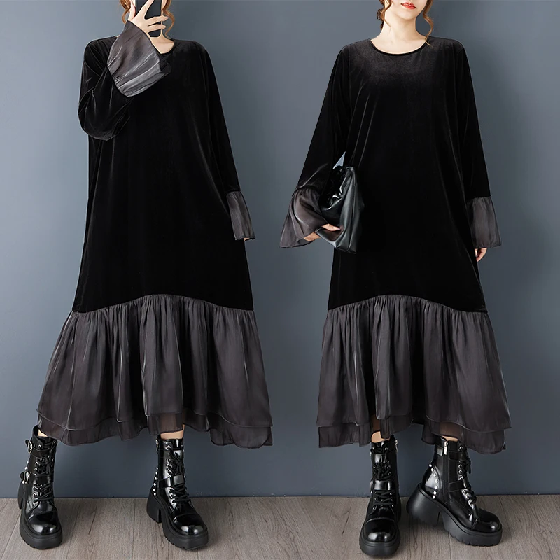 

Retro Style Loose Fit Velvet And Tulle Layered Gown with Gathered Skirt Long Sleeve round Neck Mid-Length Dress for Women