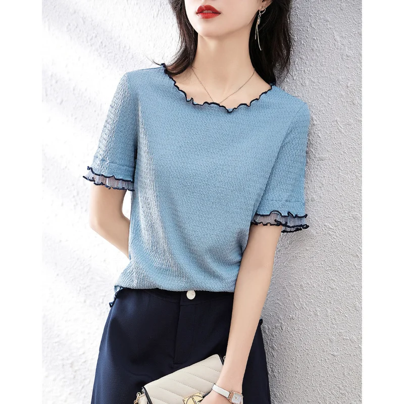 Elegant Texture Design Sense T-shirt Women Classic Summer Short Sleeve Korean Casual All-match O-collar Pullover Lady Top