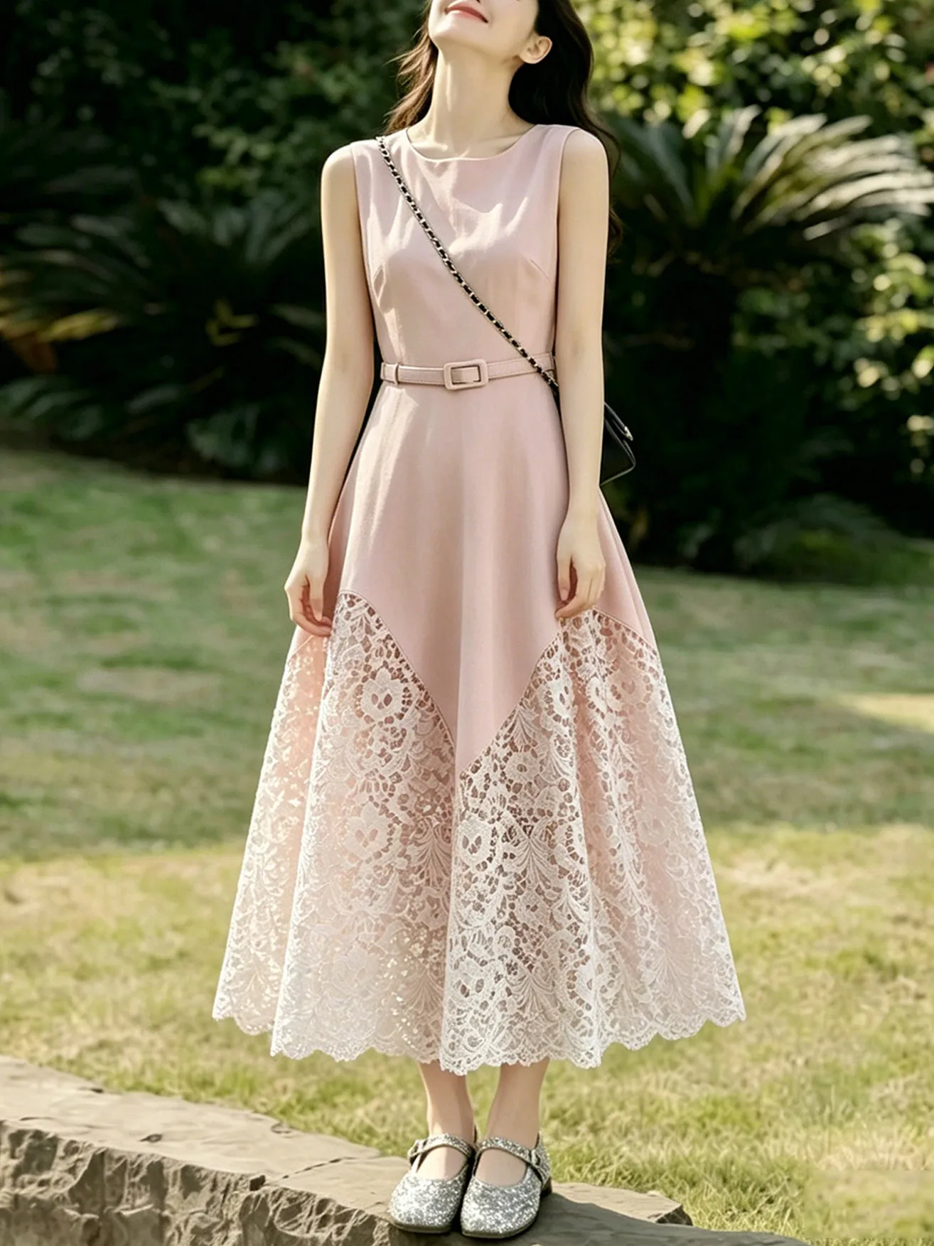 Elegant Pink Solid Lace Splice Slim Tank Dresses Women's Round neck Hollow out Embroidery Party Prom Dress With Belt