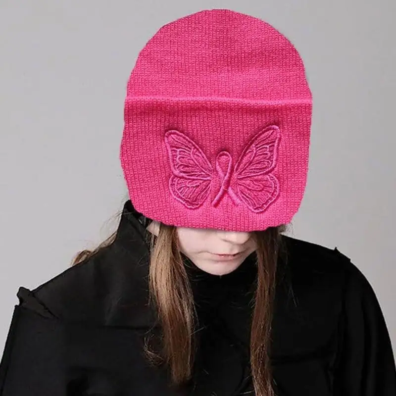 

652F Women Knit Beanie Warm Ear Protector Hat Teens Embroidery Butterfly Pattern Hat