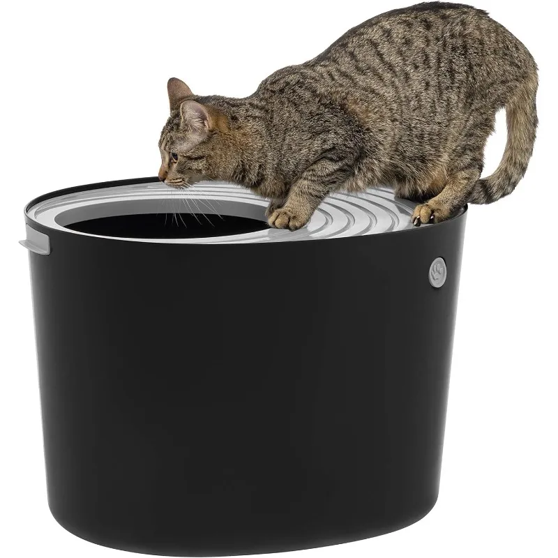 USA Cat Box, Top Entry Box with Scoop, Stylish Round Cat Liter Box Enclosure, Kitty Box, Black/Gray