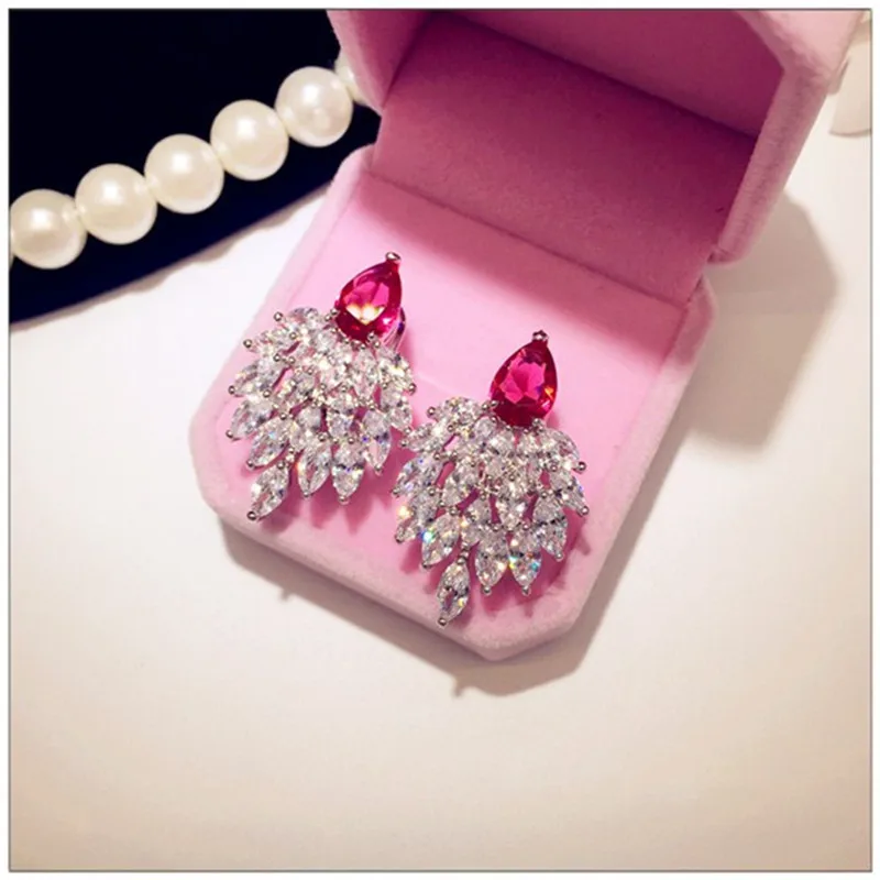 S925 Sterling Drop Earrings For Women Ear Studs Fine Jewelry Luxury Red Cubic Zirconia Temperament Brincos High Quality