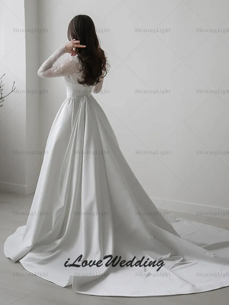 Suknie ślubne arabskie ShiningLight, wysoki dekolt, koronka, długie rękawy, biała linia A, satynowe suknie ślubne, Vestidos De Novia, szyte na miarę