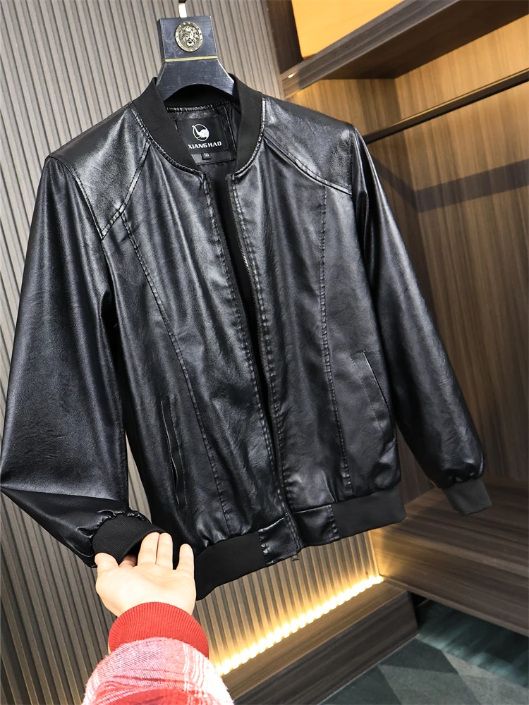 

Profional Men's Pure Color Baseball Collar PU Leather Jaet Spring Autumn Faionable Slim Fit Casual Zipper Coat