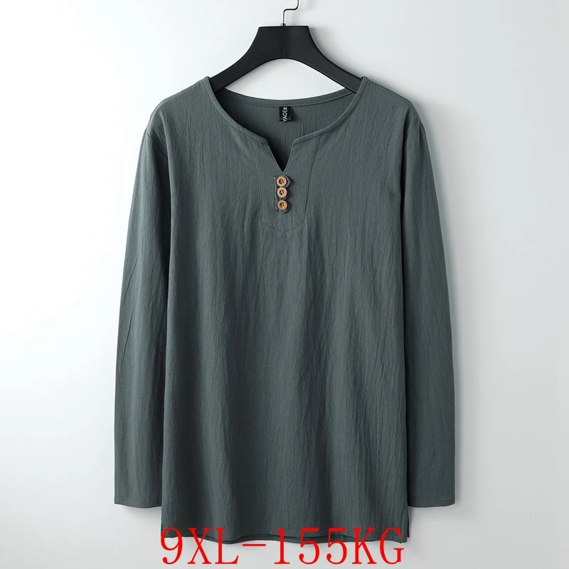 

Summer Men's Large Size Casual Cotton Linen T-Shirt 155KG 9XL 8XL 7XL 6XL Fashion Long Sleeve V-Neck Button Loose Art T-Shirt