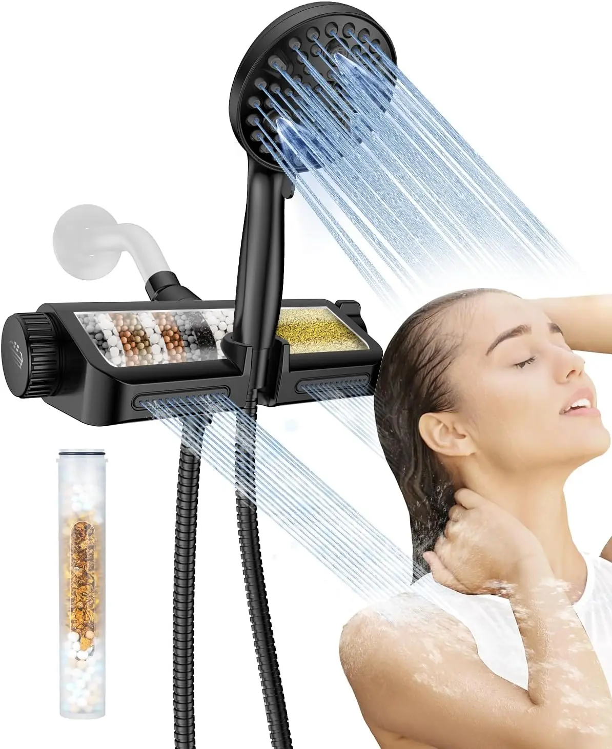 

Filtered Shower Head with Handheld Combo Matte Black - Dual 2-in-1 Spa System with Massage Shower Head and 10 Modes Hand Held Sh