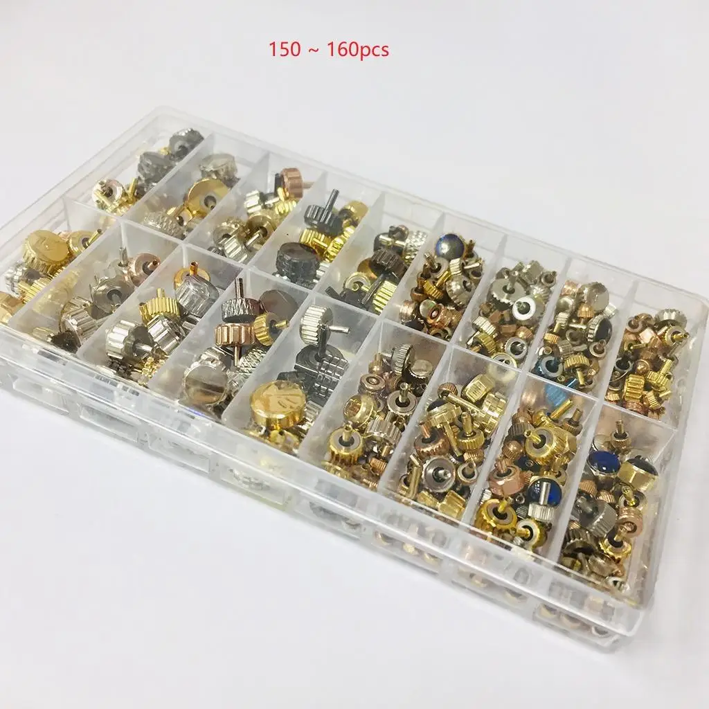 150-160pcs Watch Stem Crown Head Replacement Stainless Steel Mixed Watch Crown Spring Bar Set Repair Part Assortment Set 3-7mm