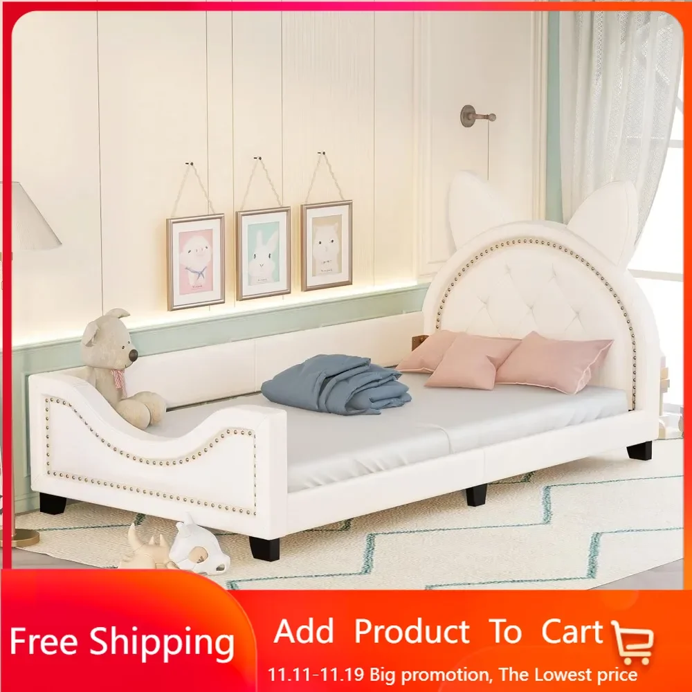 Leather Upholstered Tufted Daybed with Carton Ears Shaped Headboard, Wooden Twin Size Low Profile Captain's Sofa Bed Frame