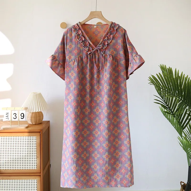 Floral Printing Nightdress Nightgown 100% Cotton Women One Piece Home Dress Summer New Thin Sleepwear Nightwear Loose Nighty