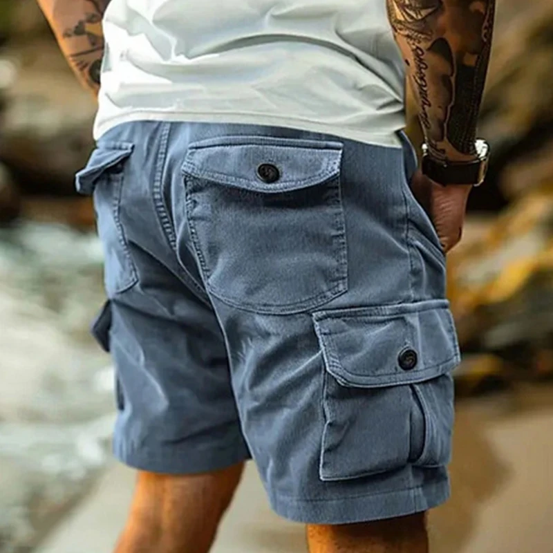 Men's Workwear Shorts Summer Casual Corduroy Loose Elastic Waist Multi-Pocket Short Pants Retro Style Male Cargo Trousers