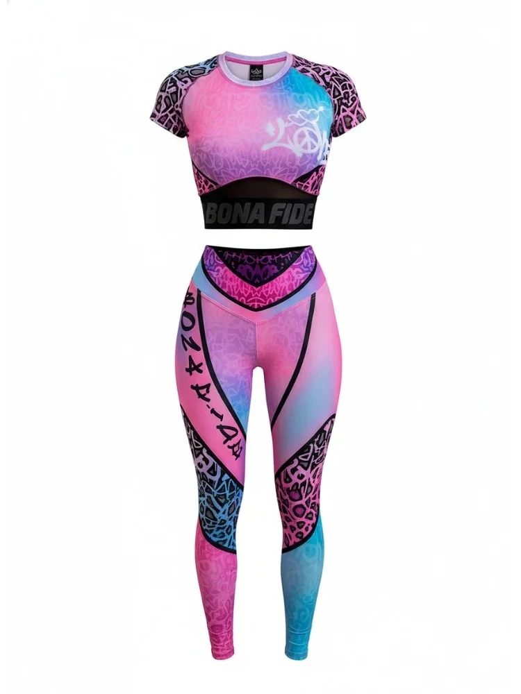 Women Color Gradient Print Workout Two Piece Pant Sets Crop Top High Waist Yoga Leggings Gym Activewear Yoga Fitness Suit