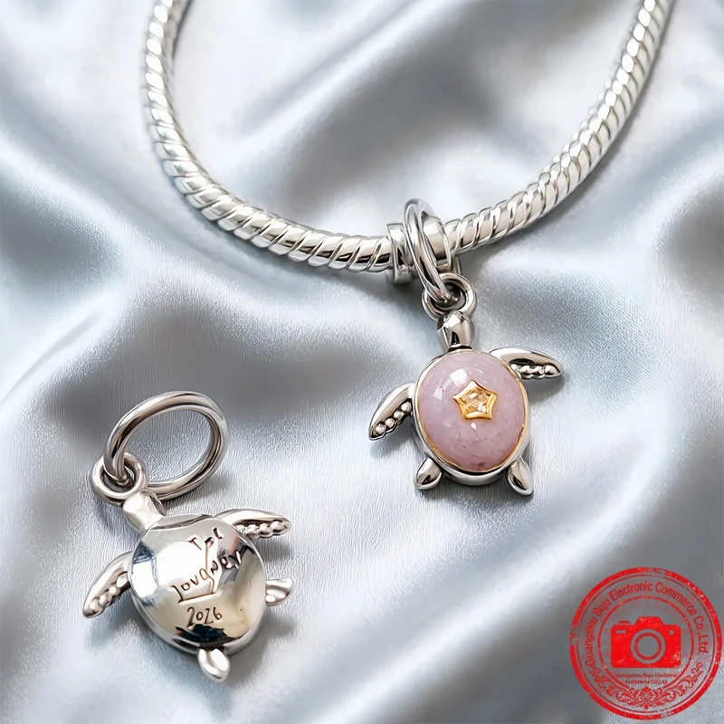 Original Charm Beads, Pink Sea Turtle Lab-grown Diamond Dangle&Sparkling Paw Print Charm,Fit Pendant Bracelet Women Jewelry Gift