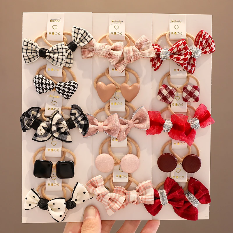 10 sztuk/zestaw Gumki do włosów dla dziewczynek z kokardkami i geometrycznym wzorem, elastyczne, słodkie, miękkie scrunchies, gumki recepturki, akcesoria do włosów dla dzieci