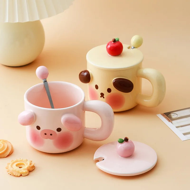 

Creative Cute Cartoon Coffee Mug Set with Lid Spoon Personalized Tea Cup Set Ceramic Mug Household Couple Drinkware Milk Mug