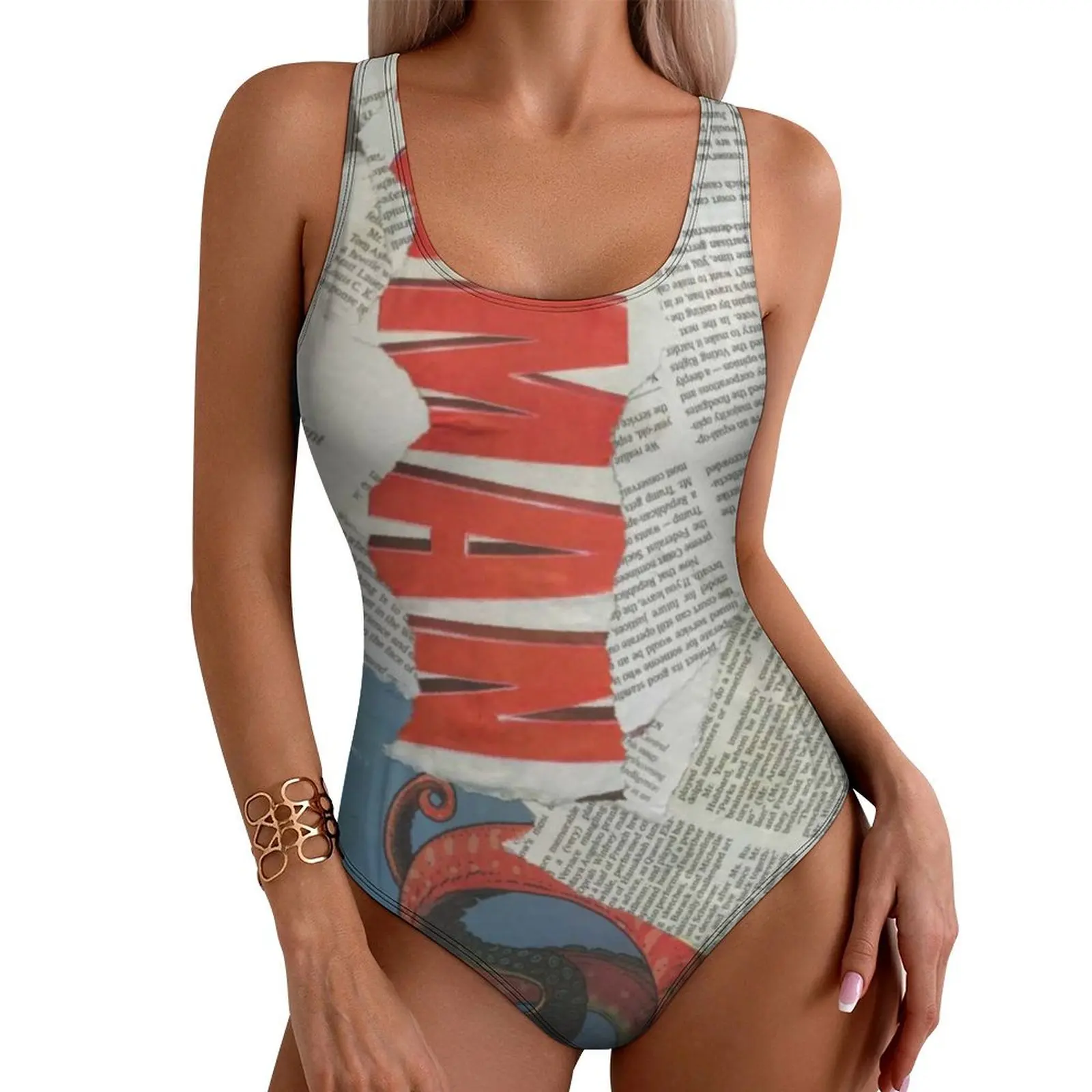 Statement Newspaper Collage Swimsuit Sexy Vintage Letter Print One Piece Swimwear Push Up Bodysuit Stylish Sport Beach Outfits