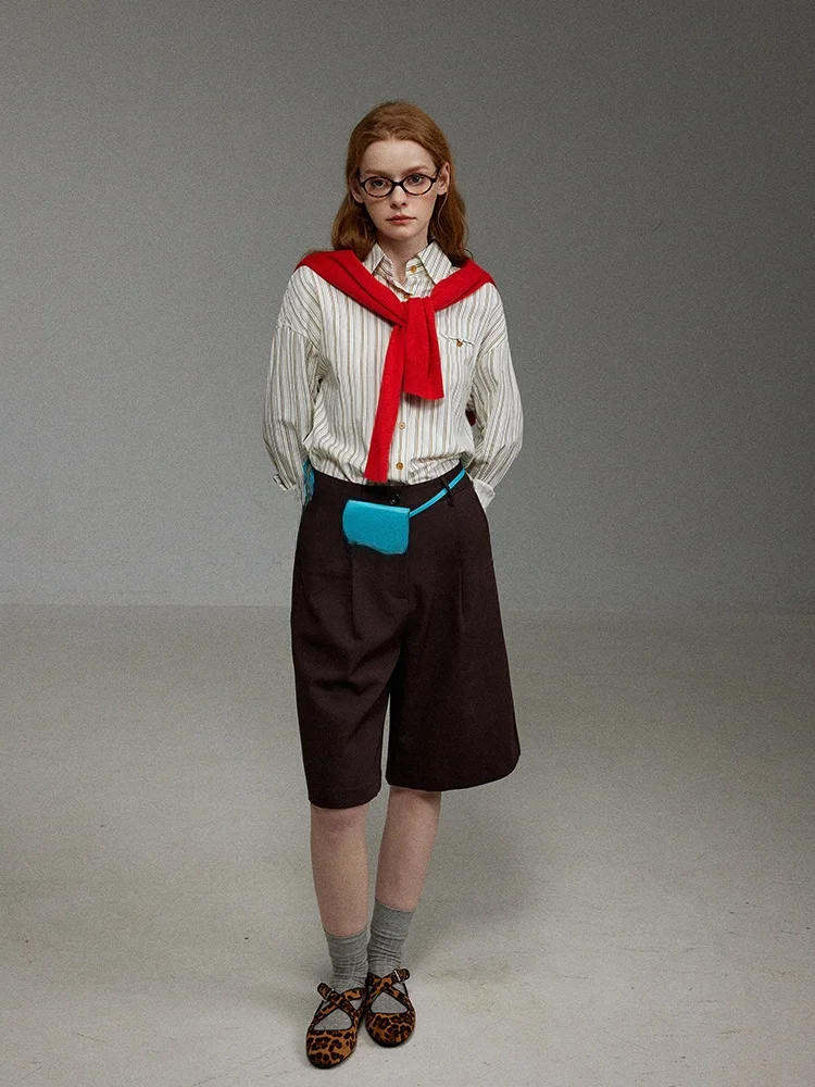 

Женская рубашка LITLECOT с длинным рукавом и одной пуговицей, в вертикальную полоску, бежевая, новая коллекция весна-осень, хлопок